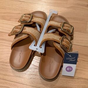 NWT Target Tan Woven Slide Sandals with Gold Buckles